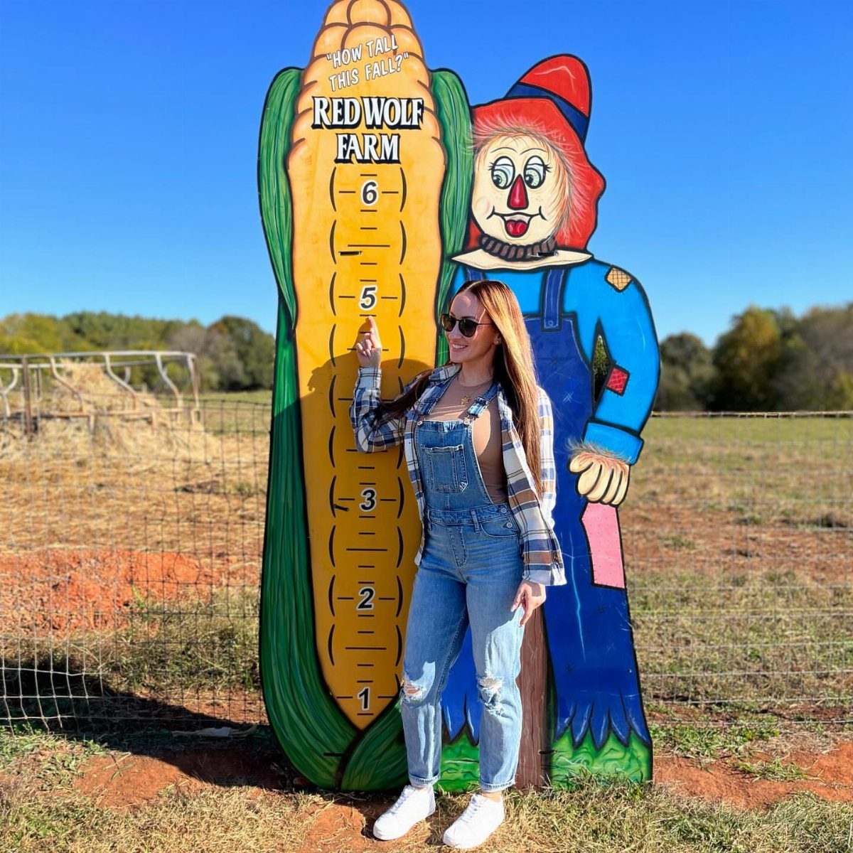 Woman in denim overalls and plaid shirt posing by a farm cutout.