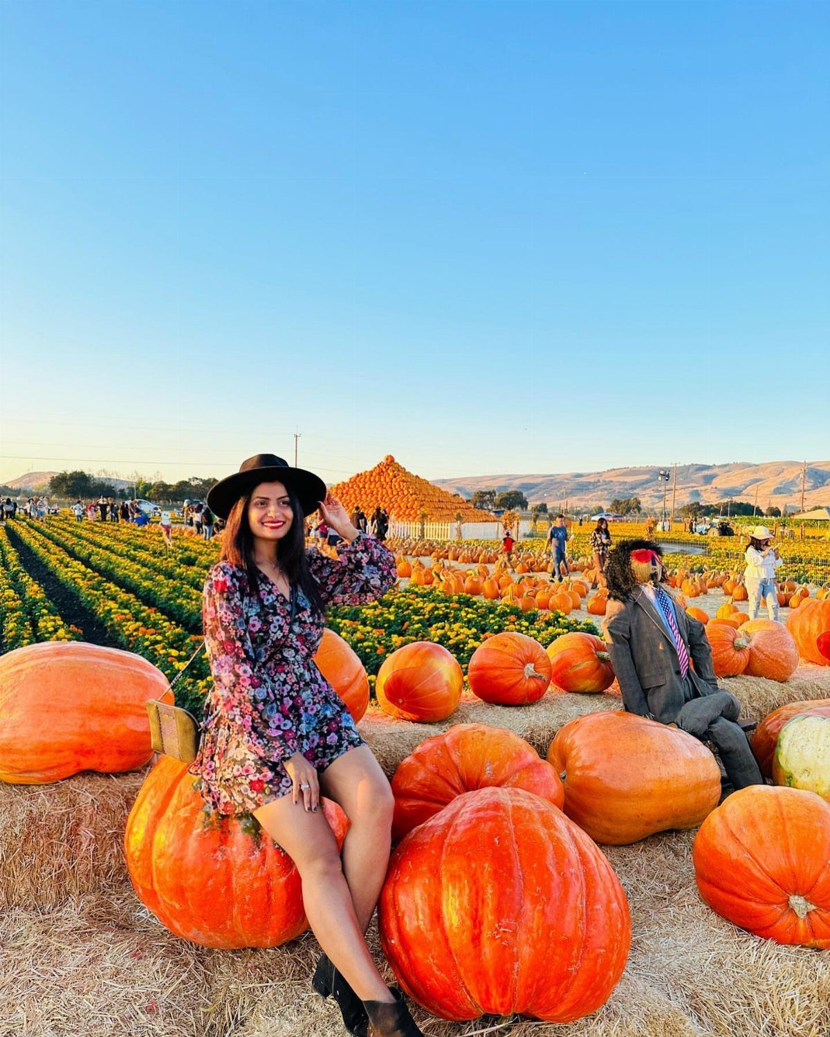 Woman in floral dress and black hat sitting among large orange pumpkins.