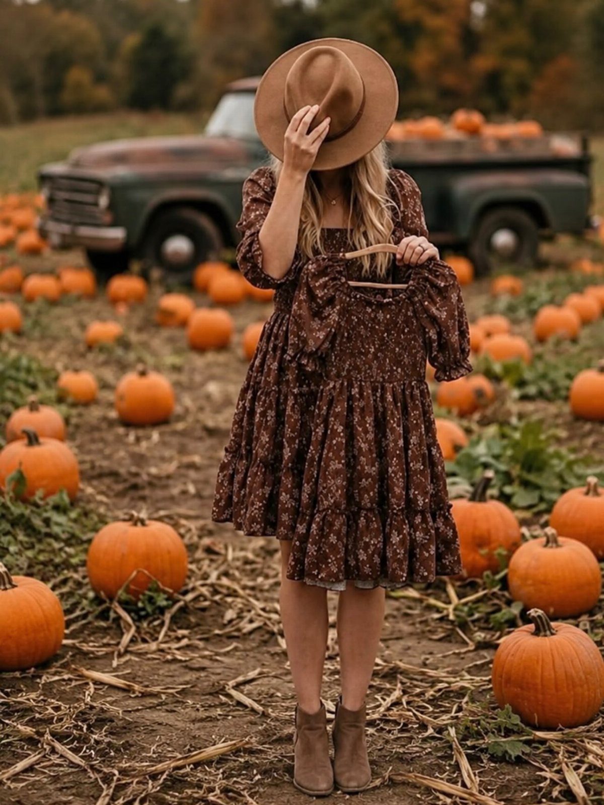 Woman in brown floral dress and hat standing in a pumpkin patch.