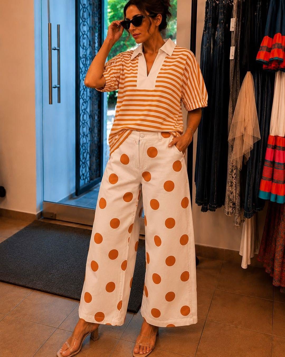 Woman wearing an orange striped polo and white wide-leg pants with orange polka dots.