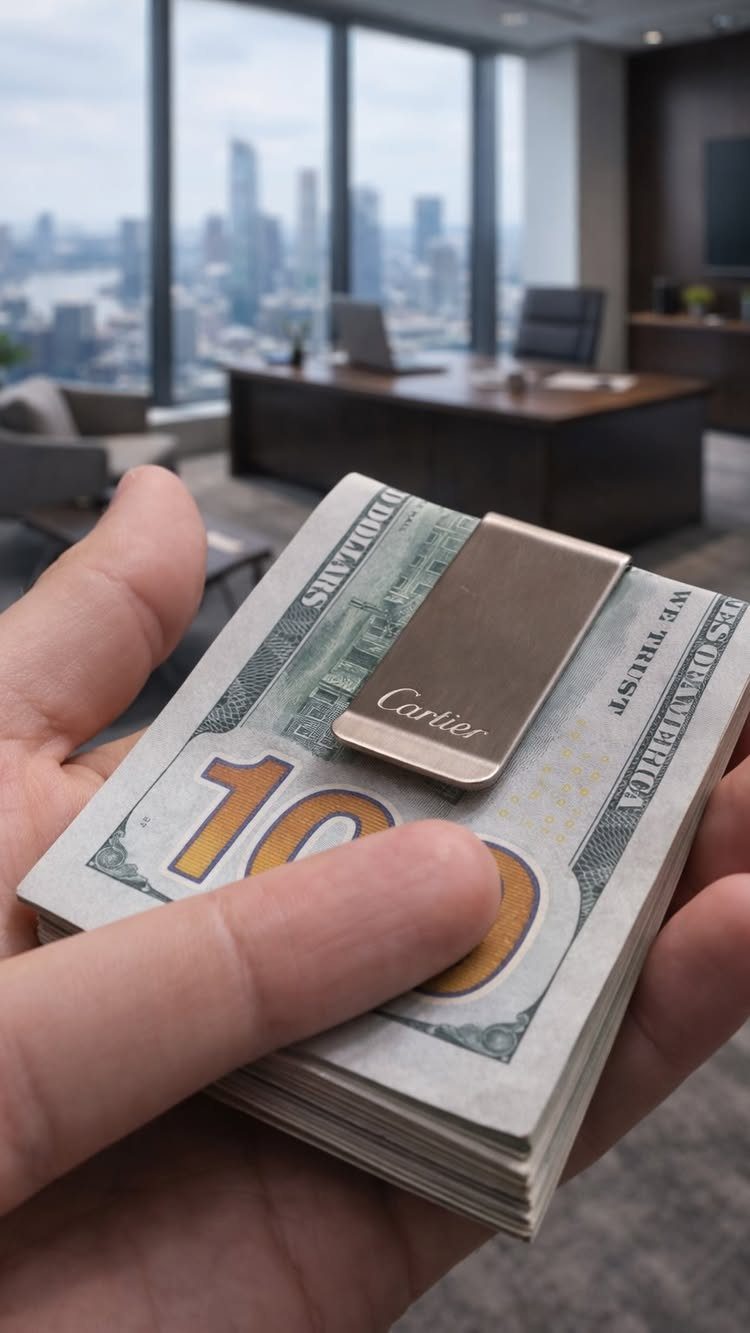 Hand holding a stack of hundred-dollar bills with a gold Cartier money clip