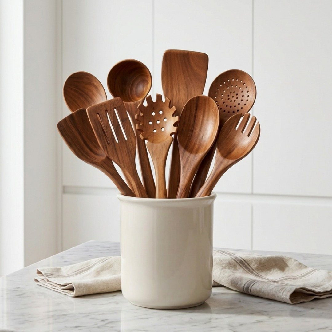 Wooden kitchen utensils in a white ceramic crock on a marble countertop