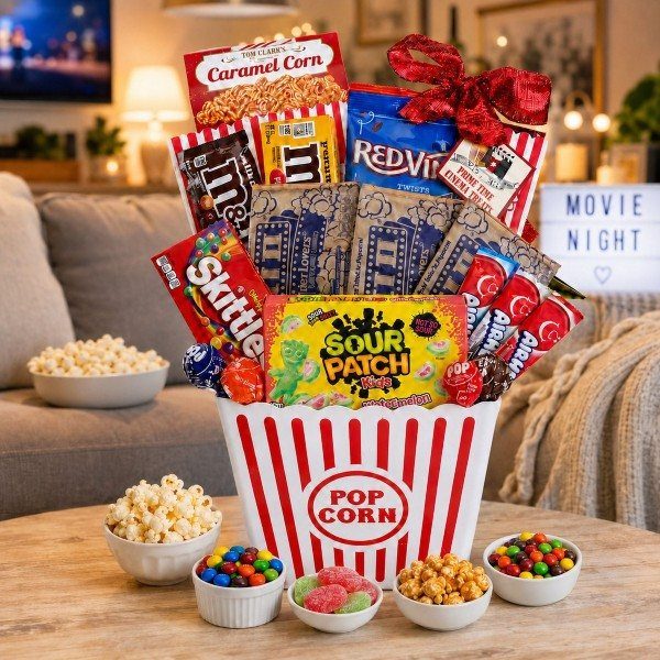 Popcorn bucket filled with assorted candies and snacks on a wooden coffee table.