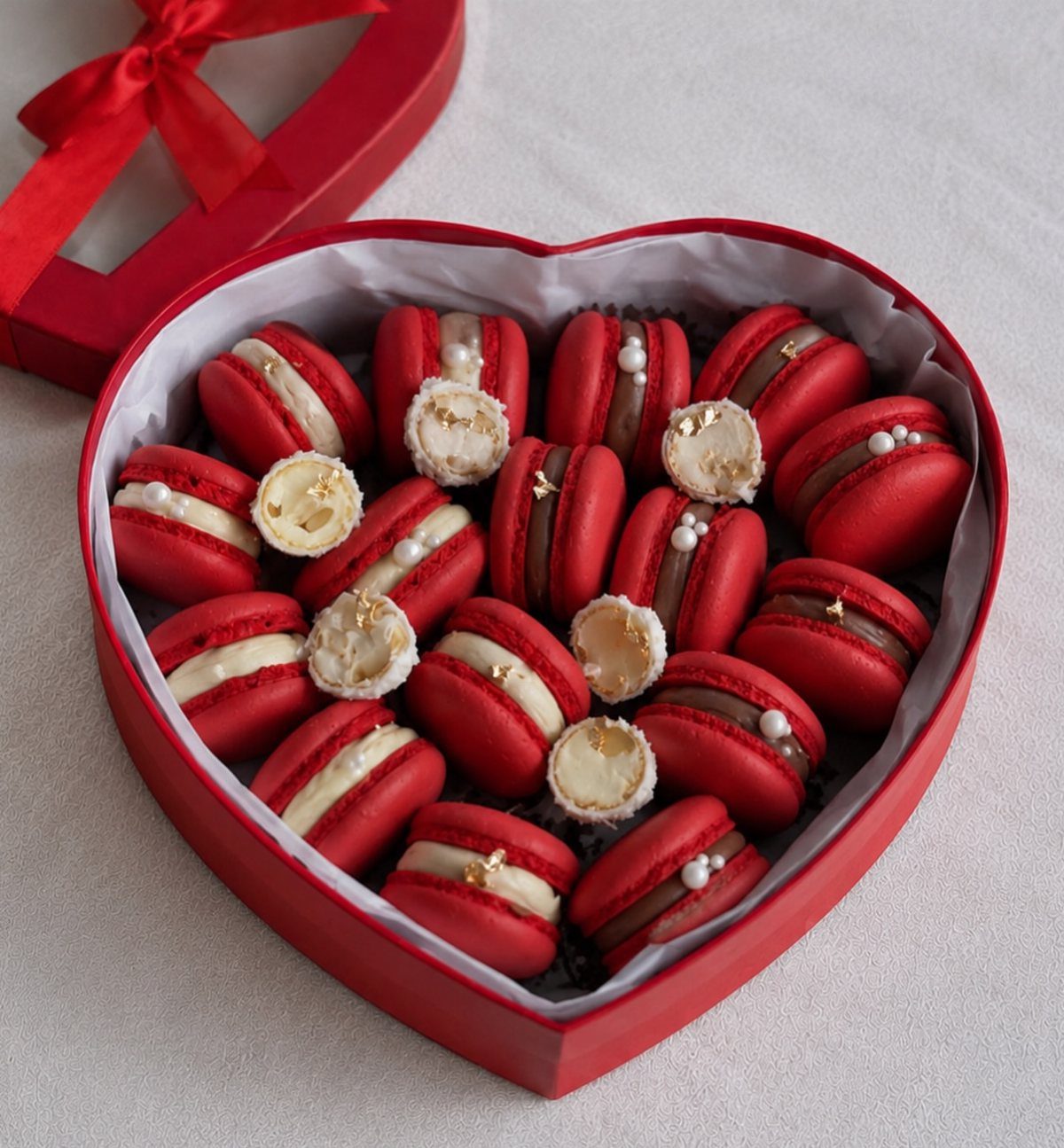 Red macarons with various fillings in a heart-shaped red gift box.