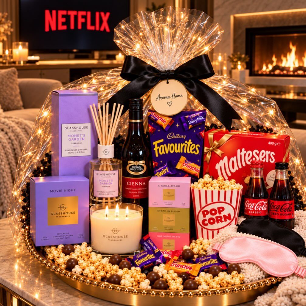 Gift basket with popcorn, chocolates, and drinks for a movie night theme.