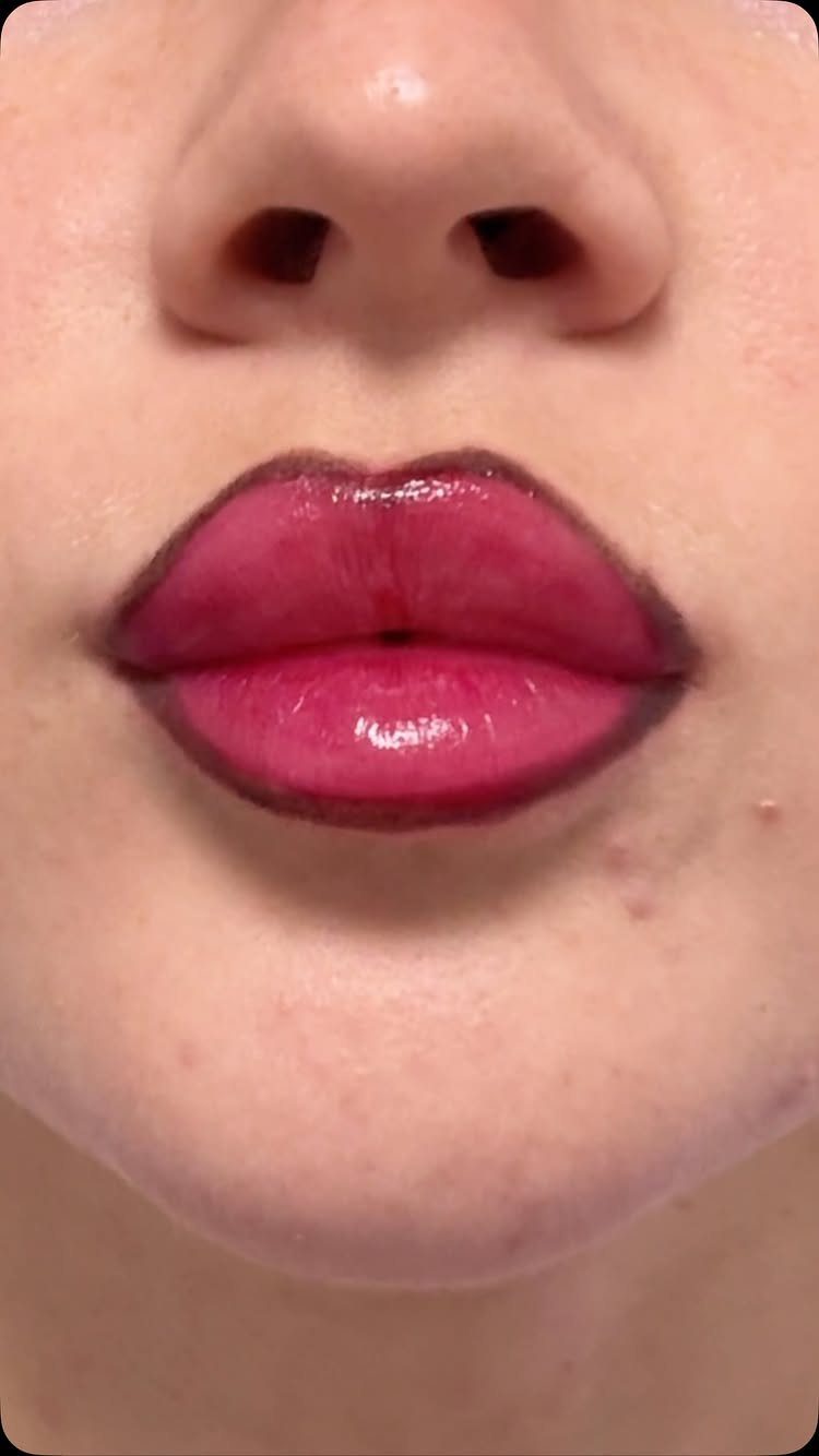 Glossy berry-colored lips with a darker lip liner on a person's face.