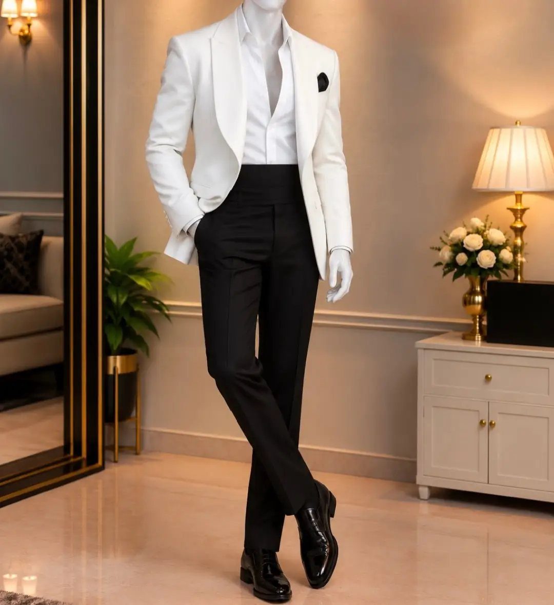 Mannequin wearing a white tailored tuxedo jacket and black smart trousers in a room.