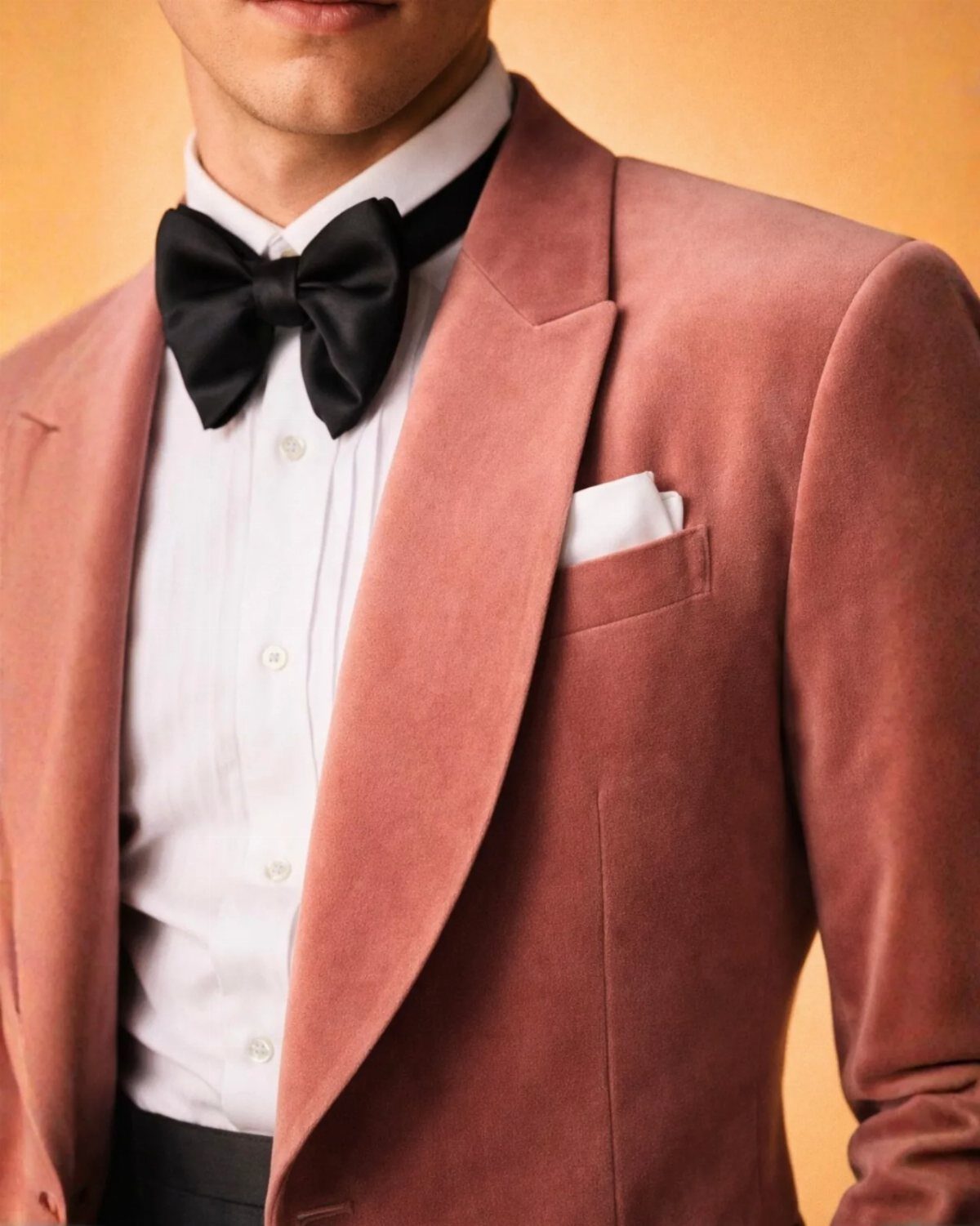 Man wearing a dusty rose velvet blazer with a black bow tie.
