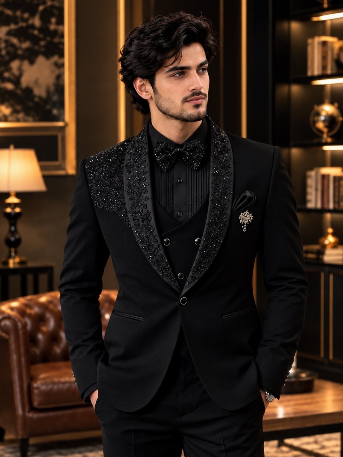 Man in a formal black three-piece suit with sequined lapels and bow tie.