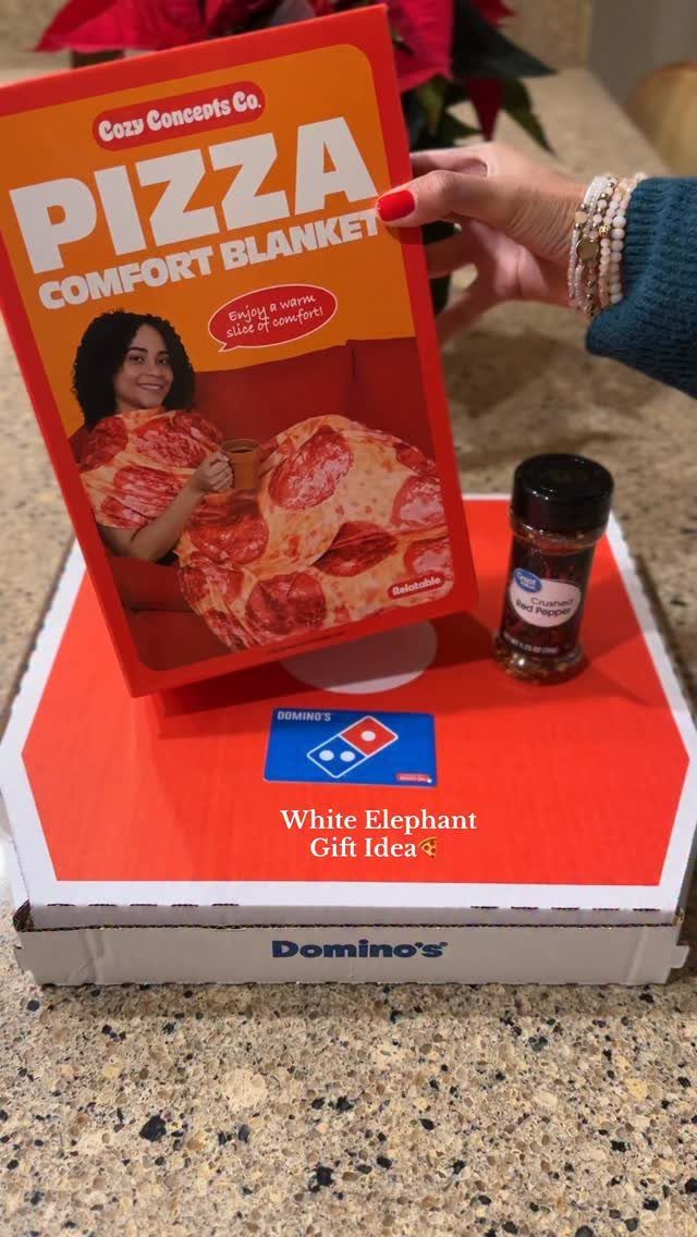Pizza comfort blanket package and Domino's box as a white elephant gift idea
