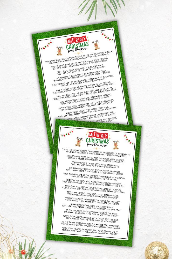 Two Christmas game cards with a story for a gift passing game.